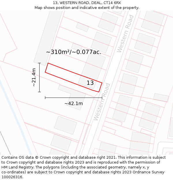 13, WESTERN ROAD, DEAL, CT14 6RX: Plot and title map