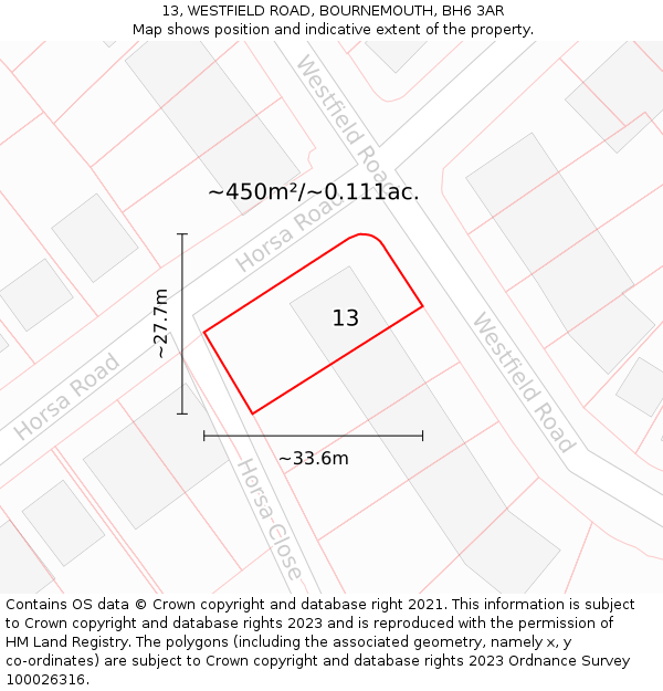 13, WESTFIELD ROAD, BOURNEMOUTH, BH6 3AR: Plot and title map