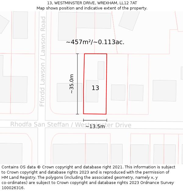 13, WESTMINSTER DRIVE, WREXHAM, LL12 7AT: Plot and title map