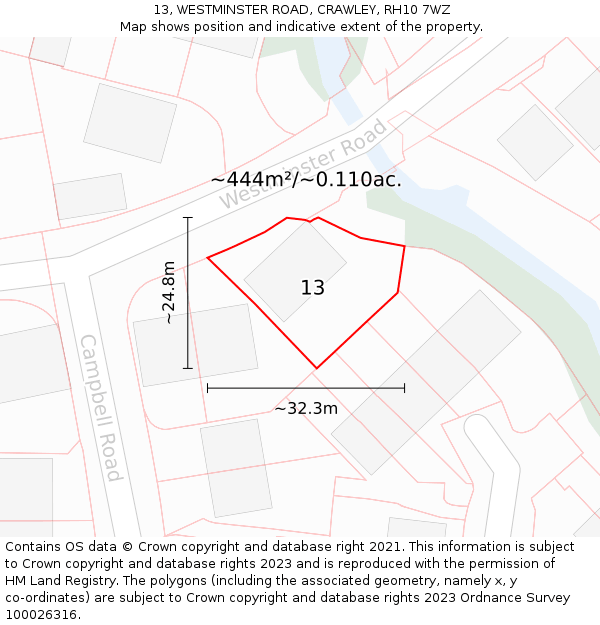 13, WESTMINSTER ROAD, CRAWLEY, RH10 7WZ: Plot and title map