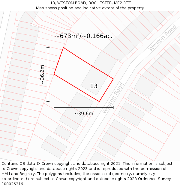 13, WESTON ROAD, ROCHESTER, ME2 3EZ: Plot and title map