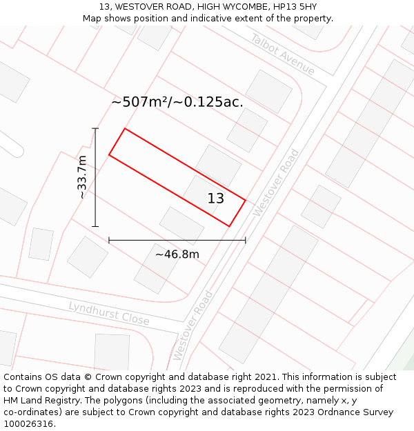 13, WESTOVER ROAD, HIGH WYCOMBE, HP13 5HY: Plot and title map