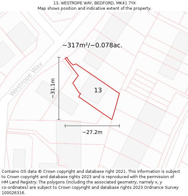 13, WESTROPE WAY, BEDFORD, MK41 7YX: Plot and title map