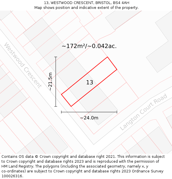 13, WESTWOOD CRESCENT, BRISTOL, BS4 4AH: Plot and title map