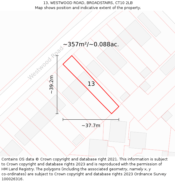 13, WESTWOOD ROAD, BROADSTAIRS, CT10 2LB: Plot and title map