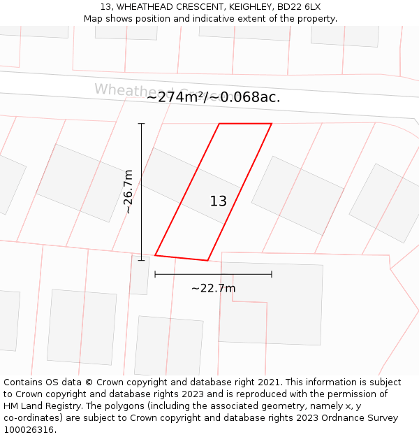 13, WHEATHEAD CRESCENT, KEIGHLEY, BD22 6LX: Plot and title map