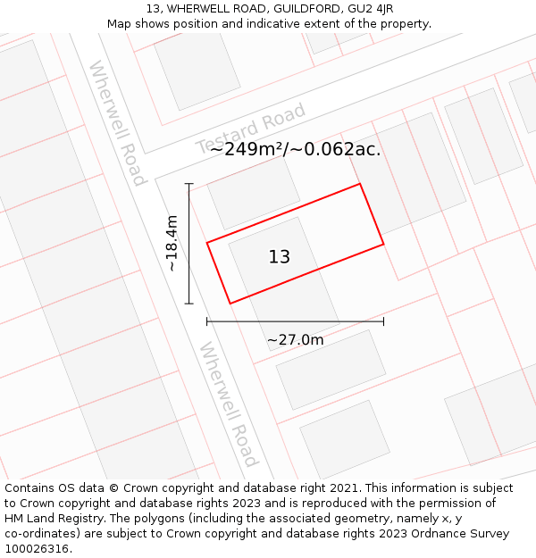 13, WHERWELL ROAD, GUILDFORD, GU2 4JR: Plot and title map