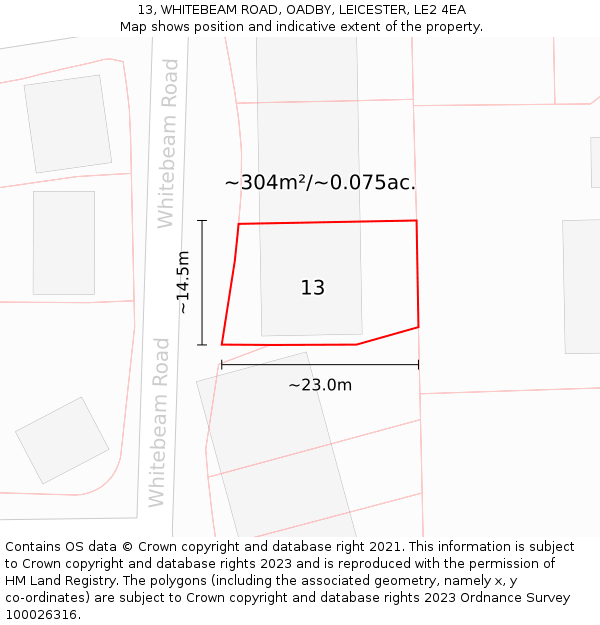 13, WHITEBEAM ROAD, OADBY, LEICESTER, LE2 4EA: Plot and title map