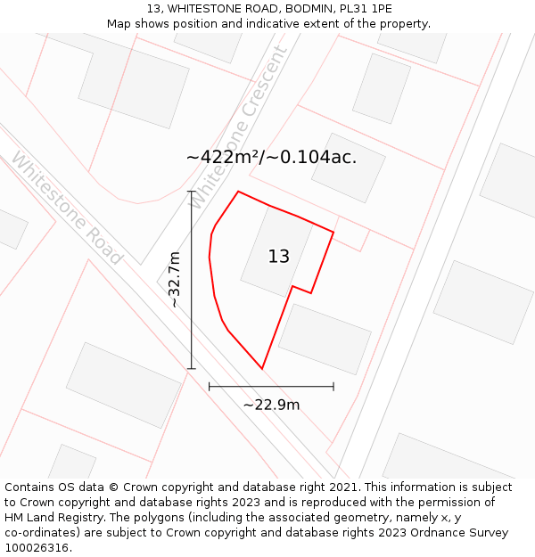 13, WHITESTONE ROAD, BODMIN, PL31 1PE: Plot and title map