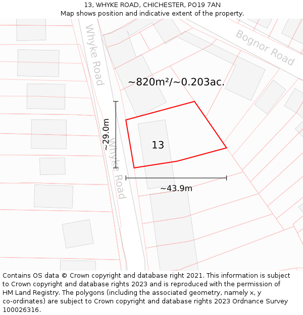 13, WHYKE ROAD, CHICHESTER, PO19 7AN: Plot and title map