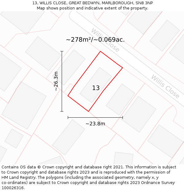 13, WILLIS CLOSE, GREAT BEDWYN, MARLBOROUGH, SN8 3NP: Plot and title map