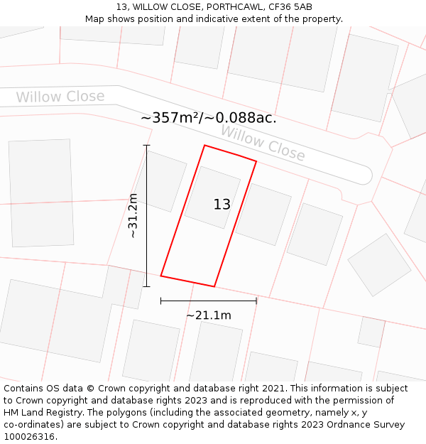 13, WILLOW CLOSE, PORTHCAWL, CF36 5AB: Plot and title map