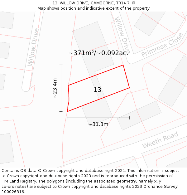 13, WILLOW DRIVE, CAMBORNE, TR14 7HR: Plot and title map