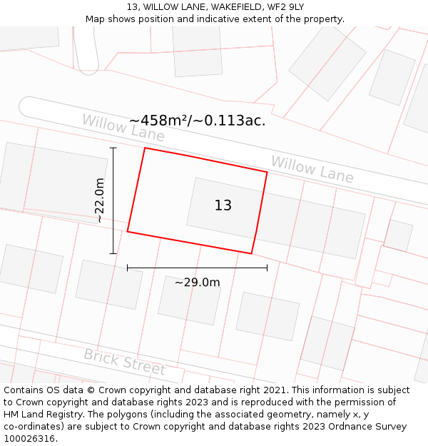 13, WILLOW LANE, WAKEFIELD, WF2 9LY: Plot and title map