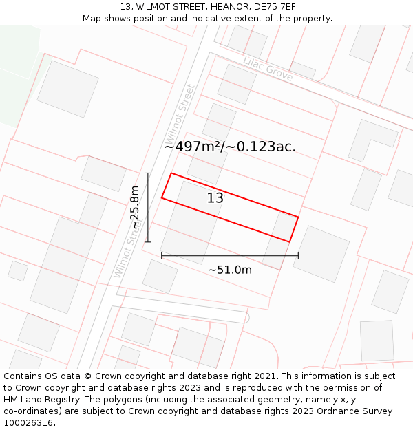 13, WILMOT STREET, HEANOR, DE75 7EF: Plot and title map