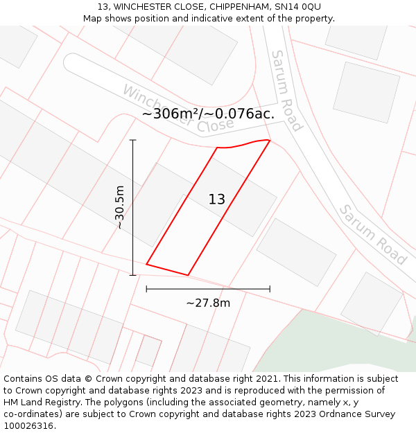 13, WINCHESTER CLOSE, CHIPPENHAM, SN14 0QU: Plot and title map