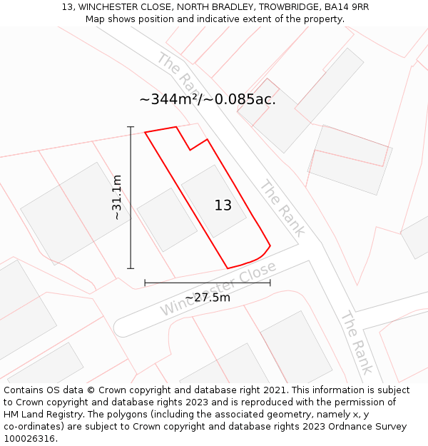 13, WINCHESTER CLOSE, NORTH BRADLEY, TROWBRIDGE, BA14 9RR: Plot and title map