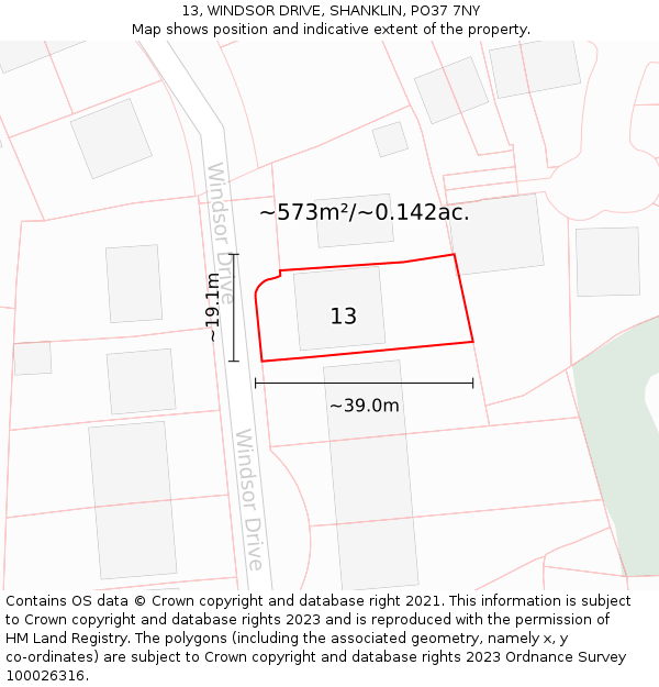 13, WINDSOR DRIVE, SHANKLIN, PO37 7NY: Plot and title map