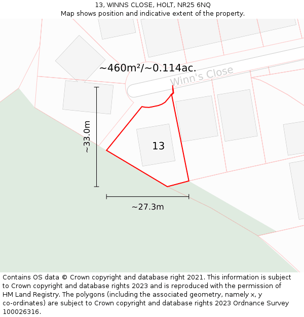 13, WINNS CLOSE, HOLT, NR25 6NQ: Plot and title map