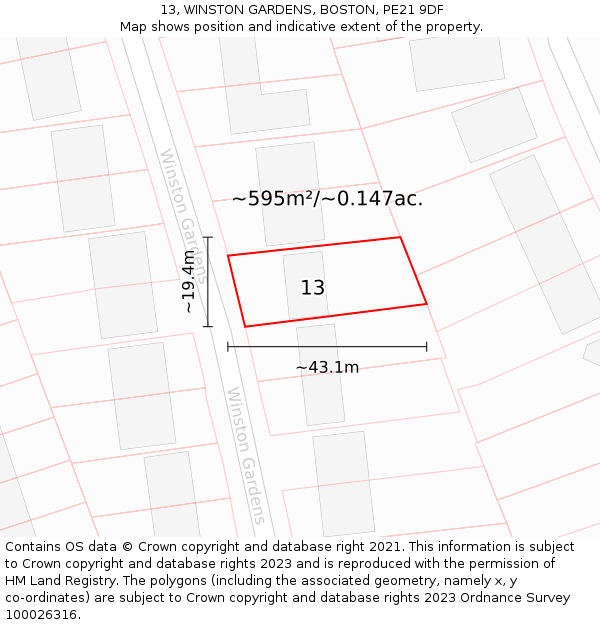 13, WINSTON GARDENS, BOSTON, PE21 9DF: Plot and title map