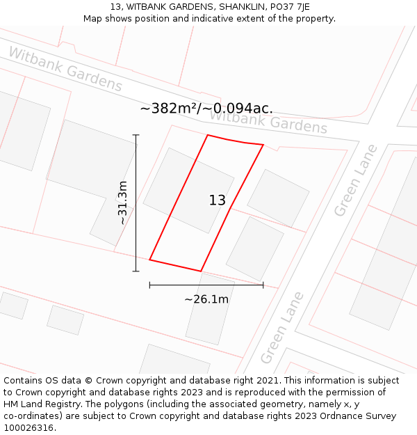 13, WITBANK GARDENS, SHANKLIN, PO37 7JE: Plot and title map