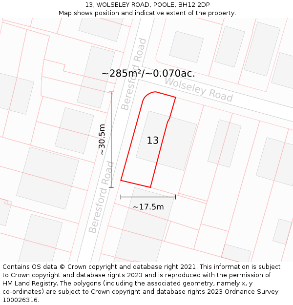 13, WOLSELEY ROAD, POOLE, BH12 2DP: Plot and title map