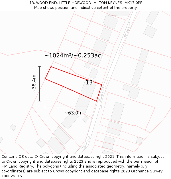 13, WOOD END, LITTLE HORWOOD, MILTON KEYNES, MK17 0PE: Plot and title map