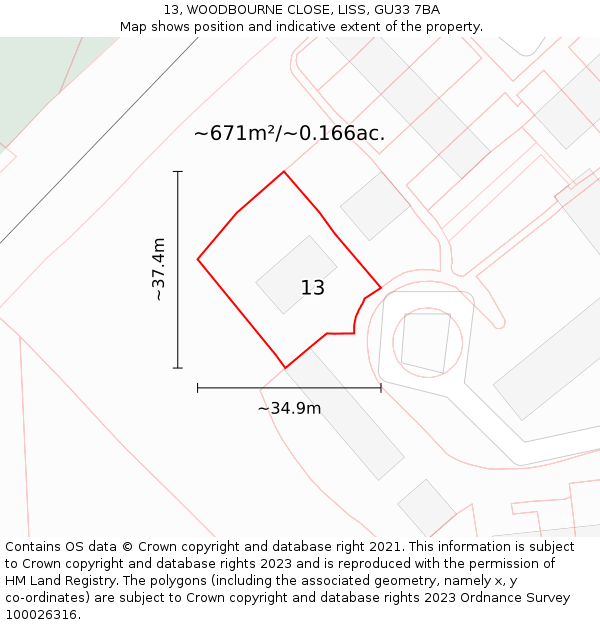 13, WOODBOURNE CLOSE, LISS, GU33 7BA: Plot and title map