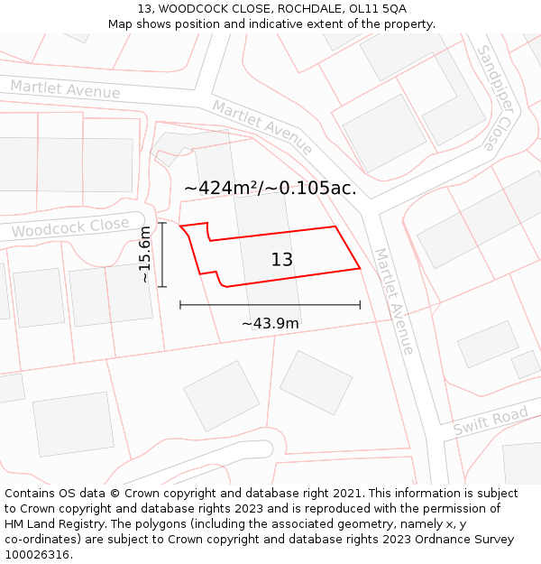 13, WOODCOCK CLOSE, ROCHDALE, OL11 5QA: Plot and title map