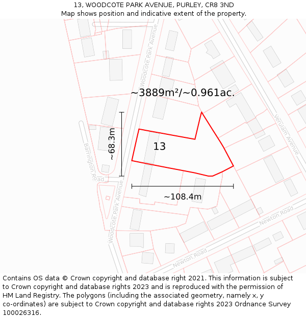 13, WOODCOTE PARK AVENUE, PURLEY, CR8 3ND: Plot and title map