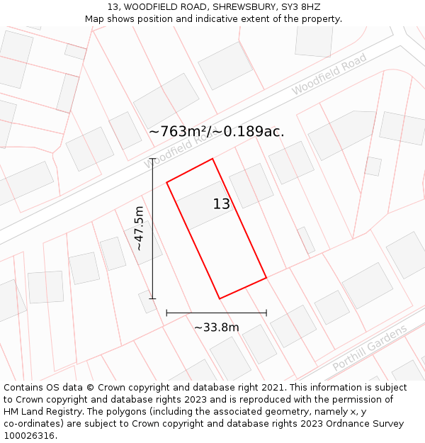 13, WOODFIELD ROAD, SHREWSBURY, SY3 8HZ: Plot and title map