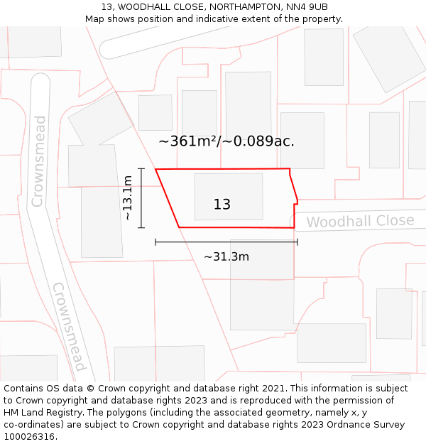 13, WOODHALL CLOSE, NORTHAMPTON, NN4 9UB: Plot and title map