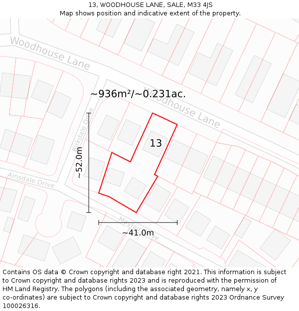 13, WOODHOUSE LANE, SALE, M33 4JS: Plot and title map