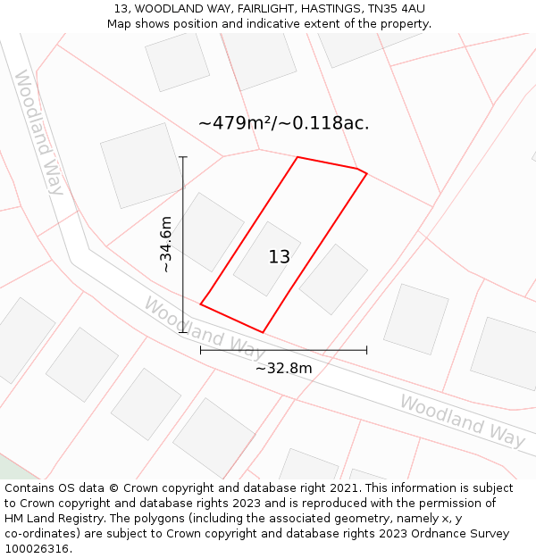 13, WOODLAND WAY, FAIRLIGHT, HASTINGS, TN35 4AU: Plot and title map