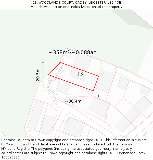 13, WOODLANDS COURT, OADBY, LEICESTER, LE2 4QE: Plot and title map