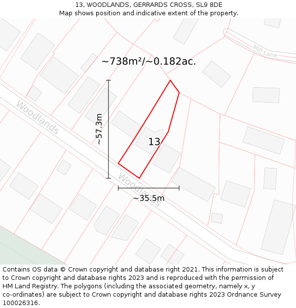 13, WOODLANDS, GERRARDS CROSS, SL9 8DE: Plot and title map