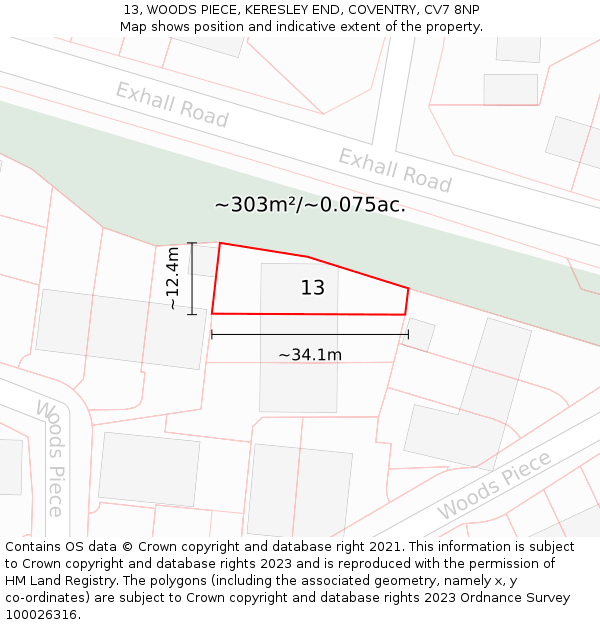 13, WOODS PIECE, KERESLEY END, COVENTRY, CV7 8NP: Plot and title map