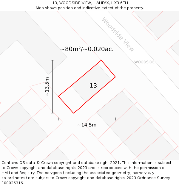 13, WOODSIDE VIEW, HALIFAX, HX3 6EH: Plot and title map