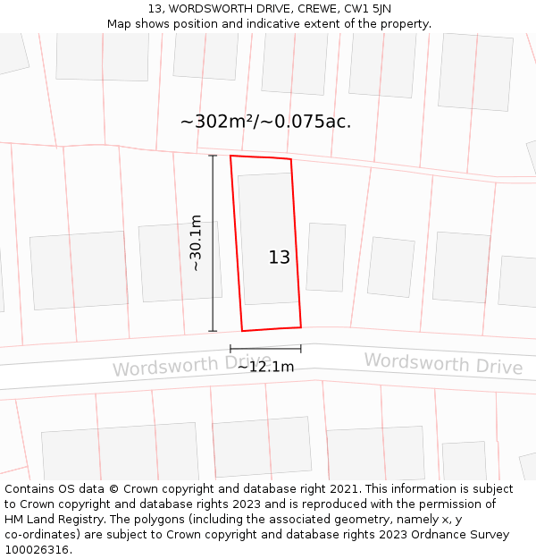 13, WORDSWORTH DRIVE, CREWE, CW1 5JN: Plot and title map