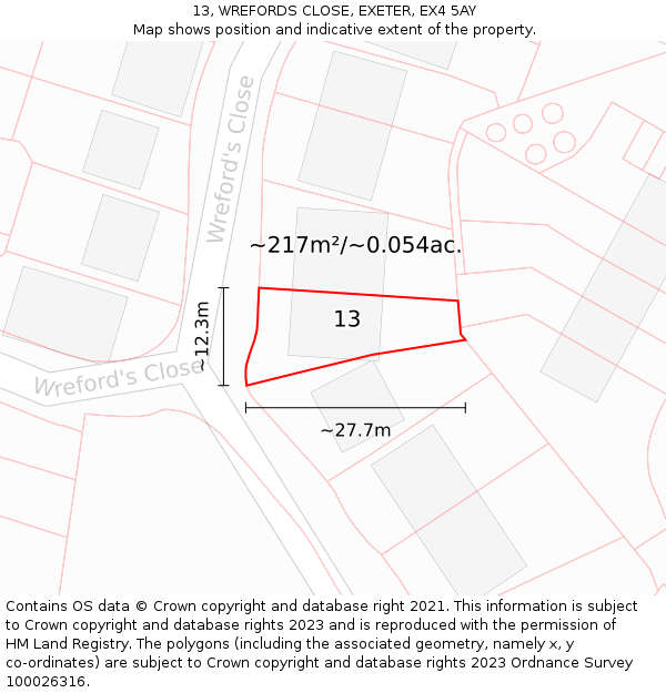 13, WREFORDS CLOSE, EXETER, EX4 5AY: Plot and title map