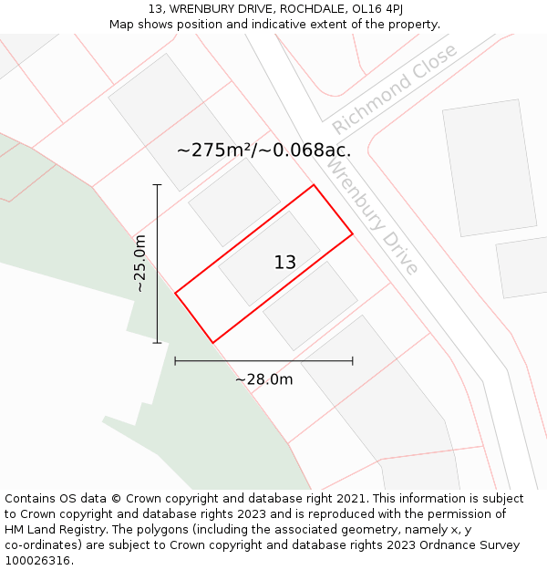 13, WRENBURY DRIVE, ROCHDALE, OL16 4PJ: Plot and title map