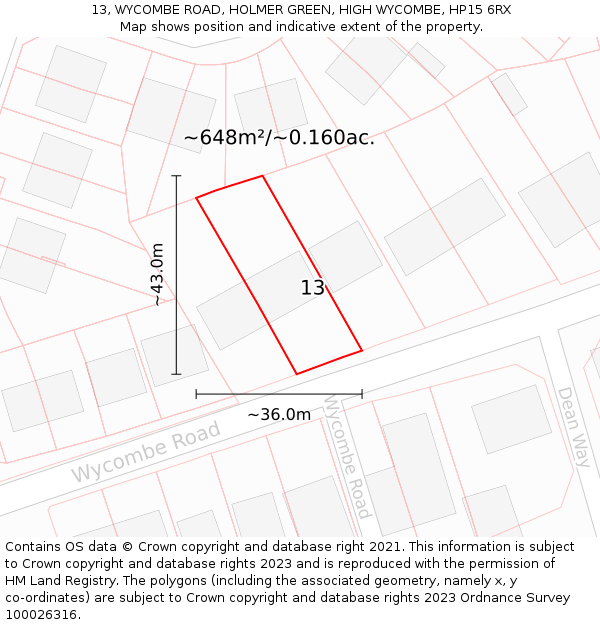 13, WYCOMBE ROAD, HOLMER GREEN, HIGH WYCOMBE, HP15 6RX: Plot and title map