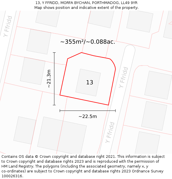 13, Y FFRIDD, MORFA BYCHAN, PORTHMADOG, LL49 9YR: Plot and title map