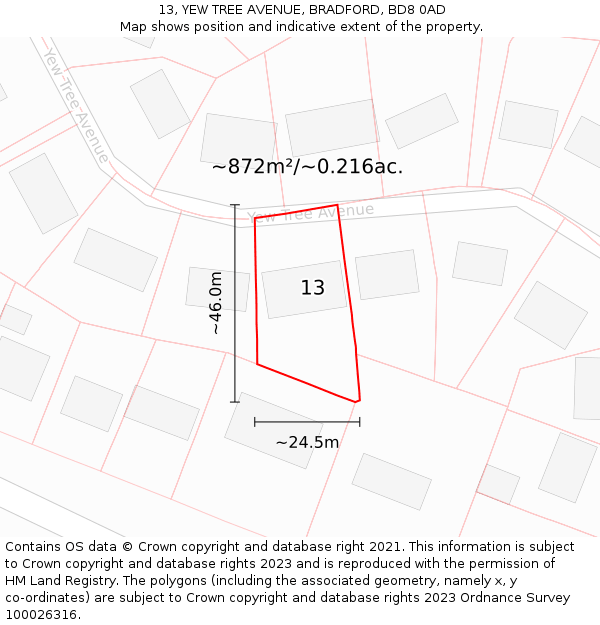 13, YEW TREE AVENUE, BRADFORD, BD8 0AD: Plot and title map