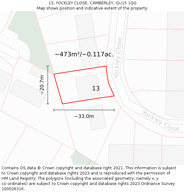 13, YOCKLEY CLOSE, CAMBERLEY, GU15 1QG: Plot and title map