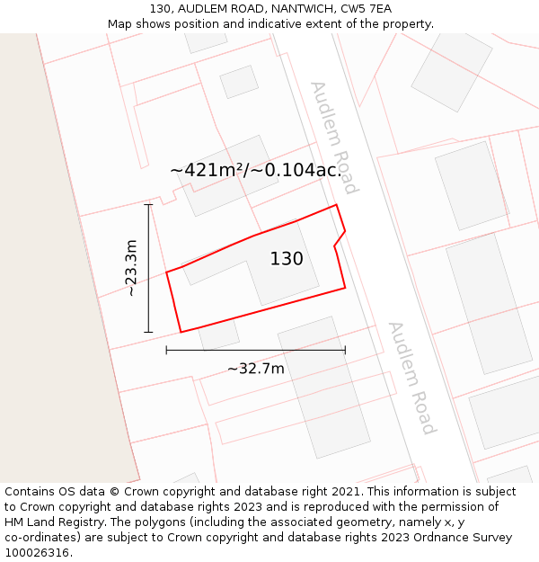 130, AUDLEM ROAD, NANTWICH, CW5 7EA: Plot and title map