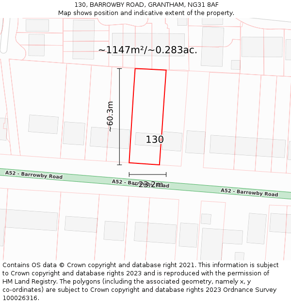 130, BARROWBY ROAD, GRANTHAM, NG31 8AF: Plot and title map