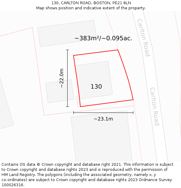 130, CARLTON ROAD, BOSTON, PE21 8LN: Plot and title map