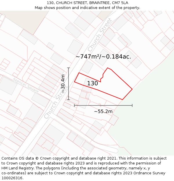 130, CHURCH STREET, BRAINTREE, CM7 5LA: Plot and title map