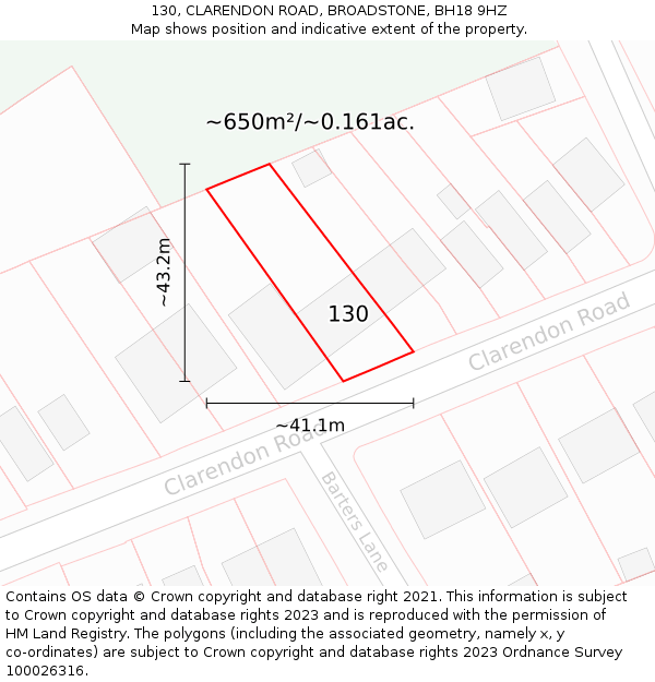 130, CLARENDON ROAD, BROADSTONE, BH18 9HZ: Plot and title map